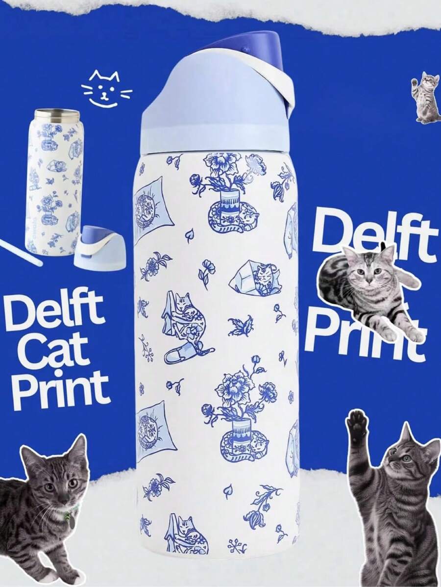 OwaIa Delft Cat Print Large Capacity Stainless Steel Water Bottle,32oz/945ml,With A Straw,Exquisite Appearance,Keeps Drinks Hot Or Cold,Can Hold Iced Drinks And Water,Suitable For Leisure,Work,Sports,Indoors And Outdoors,Perfect Gift Choice.Vacuum Flasks-Everyday Tumbler-Perfect Birthday Gift-Father Day Tumbler - Xanh và trắng - Xem 1