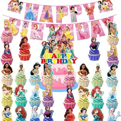 Disney 31pcs Princess Cake Toppers, Cake Decorations, Princess Flags, Birthday Cake Dessert Party Cartoon Decor Set
