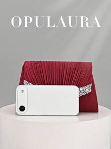 OpulAura 秋冬假日褶皱迷你手拿包。这款优雅时尚的信封式手提包镶嵌闪亮水钻，尽显奢华魅力，专为女性设计，适合派对、婚礼和正式场合。它是参加派对、婚礼、毕业典礼和盛大晚宴的女性的理想之选，也是一份精美的礼物。 - 酒紅色 - 查看 4