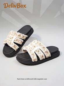 1 Pair Girls' Tweed Pearl Slide Sandals For Gentle Style Platform Summer Wear(Popular New Products) - Beige - View 4