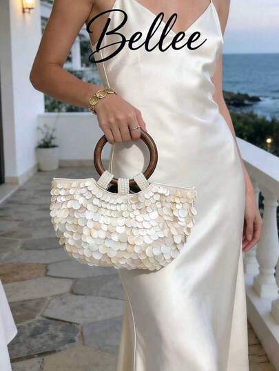 1pc White Sequin Shell Decor Wooden Round Handbag With Shoulder Strap, Women's Luxury Resort Style Evening Bag Suitable For Dates, Parties, Banquets, Travels