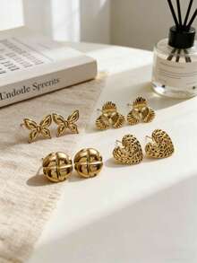 Vintage Gold Stud Earrings For Women 18K Gold Plated Butterfly Flower Heart Bow Knot Geometric Chunky Earrings Hypoallergenic Stainless Steel Fashion Jewelry For Daily Wear Party Gift - Multicolor - View 6