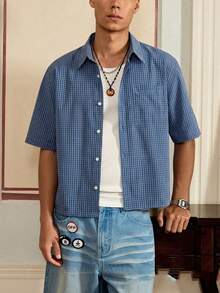 [HOT] Áo sơ mi ngắn tay kẻ caro thời trang dành cho nam và thiếu niên, mùa hè - Màu xanh lam - Xem 2