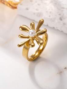 1/2件套简约不锈钢珍珠蝴蝶结花朵戒指，适合女性日常、节日、约会、订婚、婚礼、聚会等场合搭配佩戴。 - 金色 - 查看 5