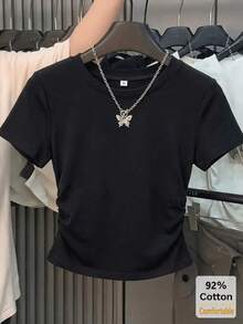 新款春夏黑色短袖T恤女装，抽绳设计，修身时尚休闲 - 黑色 - 查看 2