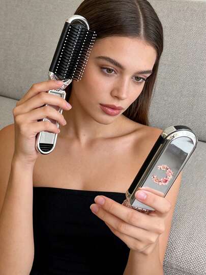 Silver 2-In-1 Foldable Hair And Makeup Mirror, Printed With The Initials A-Z Of The Pink Flowers- Portable, Desktop, Modern Travel Beauty Tool, Foldable Comb With Makeup Mirror, Easy To Carry, Perfect For Travel And Outdoor Use, Dual-Use Air Cushion Comb, Scalp Massage Comb. Modern Travel Beauty Tools, Essential Travel Accessories Suitable For Outdoor, Office, And Back To School Use. Mother'S Day, Wedding Season, Birthday Gifts