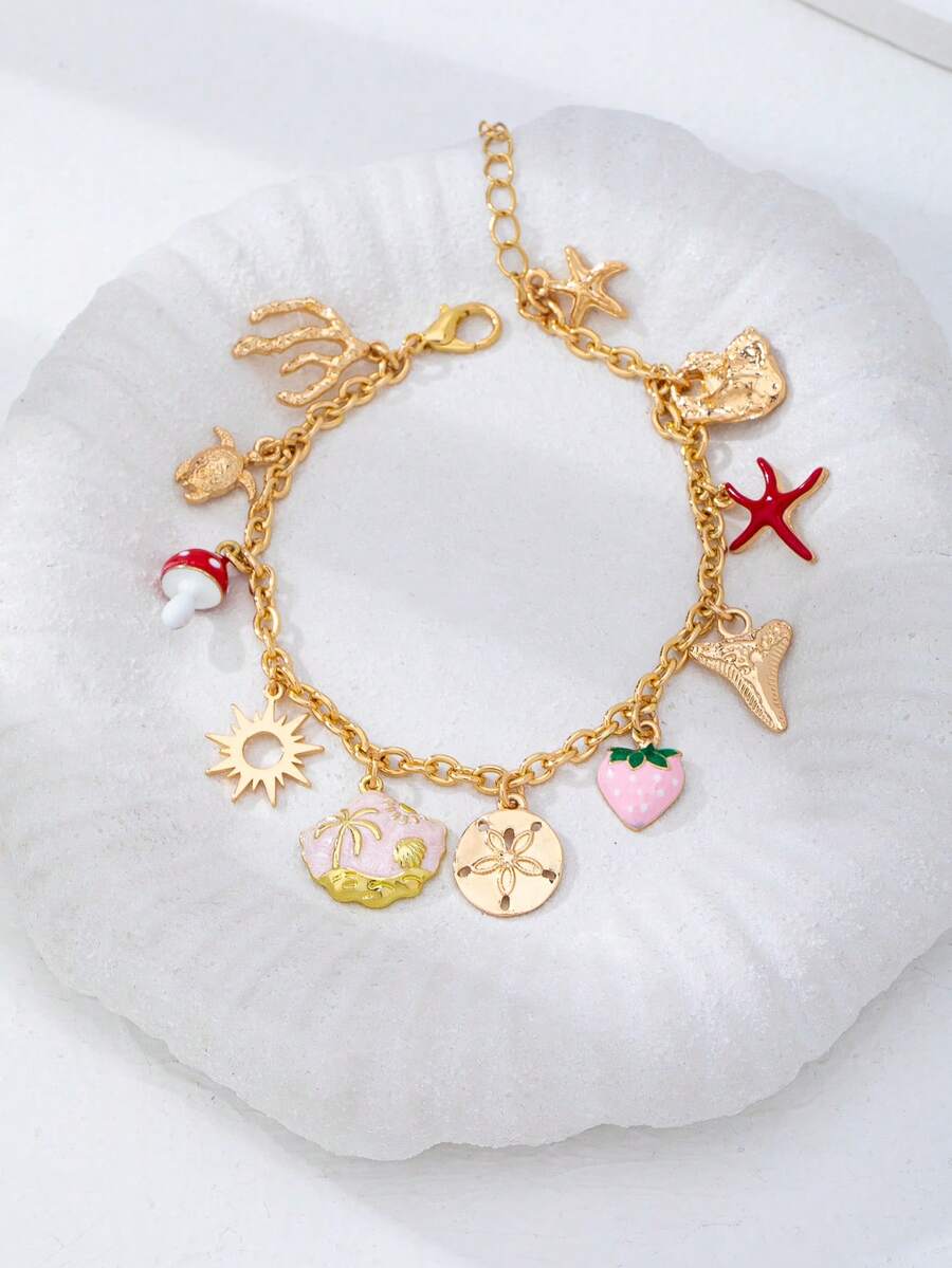 女士夏季海滩风手链 - 草莓、海星、沙钱、珊瑚和海龟吊坠装饰，波西米亚度假海滩风格首饰 - 彩色 - 查看 1