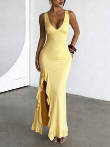Vestido de unicolor de verano WOWDARK, vestido de fiesta elegante con escote en V, volantes en el bajo y abertura, adecuado para el Día de San Valentín, citas, reuniones, fiestas, viajes, vacaciones, playa y otras ocasiones. Nota: use ropa interior de color piel. Boda primavera - Amarillo - Ver 12