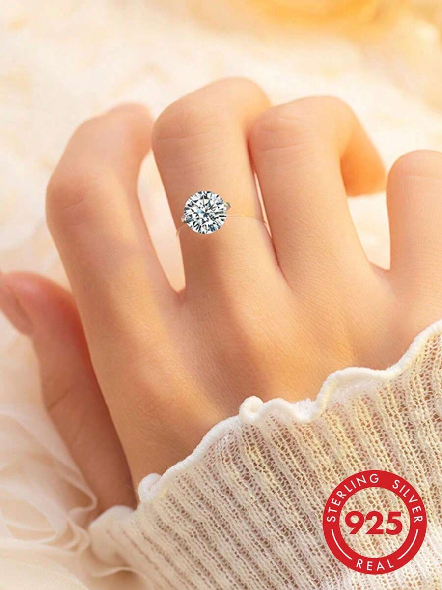 BALMORA 1pc S925 Sterling Silver Single Zirconia Stone Ring, Transparent Invisible Line Design, Fashionable And Versatile, Essential For Women