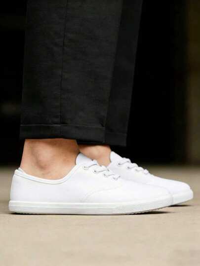 Giày thể thao vải bố trắng dành cho nam | Tối giản & Thoáng khí | Giày tennis cổ thấp buộc dây màu trơn | Phong cách thường ngày cho mùa xuân/hè, phù hợp cho đi làm, đi bộ và du lịch.