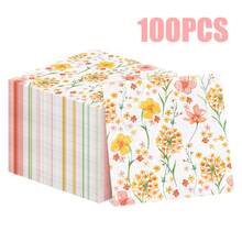 100/60/20pcs 13 * 13 Inch Fresh Watercolor Floral Pattern Disposable Napkins, Including Pink, Yellow, Orange Flowers And Green Branches And Leaves, Suitable For Daily Dining Tables, Afternoon Tea, Picnics, Garden Gatherings, Spring Themed Events, Family Birthday Parties, Wedding Banquets And Restaurant Decoration - View 14
