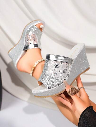Women's Wedge Platform Sandals, Elegant Shiny Material High Heel Sandals, Tie-Up Slide Sandals, Outdoor Summer Wear, New Fashionable Multifunctional Ladies Slippers, Super High Heel Sandals, Sexy Outdoor, Wedding, Party Wear, Open Toe Wedge Sandals, Buckle Design, Glitter Material, Ideal Summer Fashion Choice, 8cm Super High Heel Women's Sandals, Elegant, Collegiate Style, Vacation Wear, Fashionable, Cute Boho Style, Wedding, Party, Sexy, Platform Wedge Slippers, Summer Style