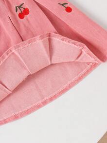 2 Stücke/Set Mädchen Süßer Vintage Kirsche Bestickter ärmelloser Jeansweste und Jeansplisseerock Set, Sommer - Wassermelonenrosa - Übersicht 5