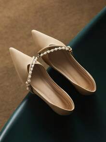 Women's Flat Slip-On Shoes, New Fashion Outdoor Flat Shoes With Inner Height Increase, Pointed Toe, Pearl & Rhinestone Decor, Ballerina Shoes, Solid Color, Soft Bottom, Soft Leather Loafers, French Style Low Vamp Slip-On Loafers, Comfortable Flat Shoes - Khaki - View 8