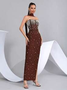 Beaded Decor Slit Bandeau Bridesmaid Dress, Holiday Party Bandage Dress - Coffee Brown - View 6