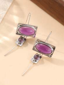 1 Pair Bohemian Style Square Copper Earrings With Purple Pendant Decor, Suitable For Various Occasions, Perfect Holiday Gift - Silver - View 8