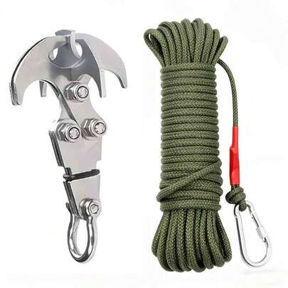 2pcs/Set (Hook + Rope) Stainless Steel Foldable Hook, Multi-Functional Heavy Duty Carabiner Clip, Durable 4-Claw Design For Hiking, Camping, Clothing, Rope And Outdoor Accessories, Suitable For All Seasons