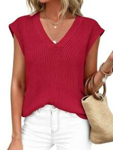 Women's Knit Sweaters Vest Lightweight Spring Cap Sleeve V Neck Tank Tops Summer Going Out Outfits - 紅色 - 查看 3