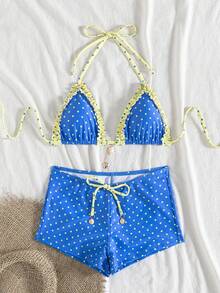 wohenmeili Conjunto de bikini sexy de verano para playa con lunares, volantes y lazo halter para mujer. Conjunto de bikini bandeau de lunares de estilo bohemio con alta elasticidad y espalda descubierta para vacaciones - Azul real con puntos amarillos + fondo amarillo con puntos azul real en el borde - Ver 3