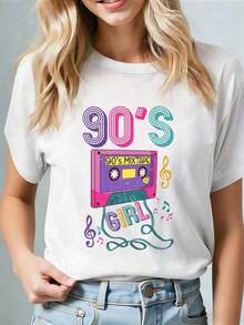 Sommer Tops im koreanischen Stil T-Shirt mit Audio-Kassetten-Grafik aus den 90ern 100% Baumwolle Retro-90er-Stil kurze Ärmel, nostalgischer Vintage-Look ideal für eine 90er-Party Geschenk für Retro-Musik-Fans - Weiss - Übersicht 2
