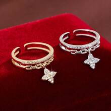 1pc Minimalist Hanging Design 4-Pointed Star Artificial Zirconia Adjustable Open Ring For Women - Multicolor - View 7