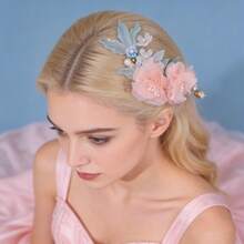 Lược cài tóc hình hoa bằng vải chiffon màu hồng thanh lịch, phụ kiện tóc cưới thủ công làm từ lá thủy tinh và ngọc trai. - Hồng - Xem 2