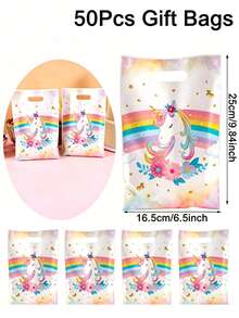 10/20/50 Stücke Regenbogen Einhorn Geschenktüten, Blumen Einhorn Design Plastik Geschenkverpackungstüten mit Griffen, perfekt für Mädchen Einhorn Thema Erste Geburtstags Party Zubehör, Baby Dusche Leckereientüten - Verschiedenfarbig - Übersicht 6