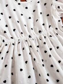 Toddler Girls' Sweet Fresh Cute Heart Print Dress, Puff Sleeve Doll Dress, White Dotted Fabric, Princess Style For Spring/Summer Daily Wear, Loose Comfortable Silhouette, Lace Trim Hem, Soft & Adorable Style Suitable For School, Outdoor Play, Family Gathering, Vacation Photo Shoot And More Occasions - White - View 6