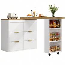 Bar Table With 6 Drawers & PE Rattan Doors, 360° Rotating Standing Table With Anti-Tip Device, Ample Storage Space, Metal Handles, Bistro Table For Living Room, Kitchen, Dining Room, Work Area - White - View 1