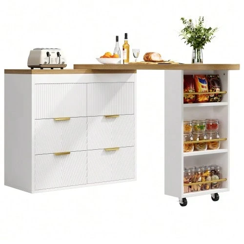 Bar Table With 6 Drawers & PE Rattan Doors, 360° Rotating Standing Table With Anti-Tip Device, Ample Storage Space, Metal Handles, Bistro Table For Living Room, Kitchen, Dining Room, Work Area - White - View 1