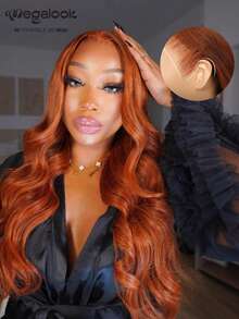 MEGALOOK Tóc giả màu đồng đỏ sẫm, 100% tóc thật, kiểu sóng bồng bềnh, kích thước 13x6, không cần keo dán, có dây rút - Nút thắt vô hình, phần ren phía trước được cắt sẵn từ tai này sang tai kia, đường chân tóc tự nhiên được tỉa sẵn, tóc giả ren trong suốt. - S350 - Xem 1