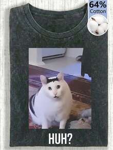 女士夏季猫咪印花水洗纯色休闲复古宽松圆领棉质短袖T恤 黑色 - 黑色 - 查看 9