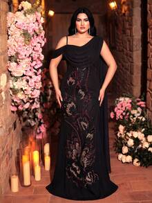 SUPGIR Plus Size Women Round Neck Flowy Sleeve Sequin Embroidery Fitted Chiffon Evening Dress Party Wedding - Black - View 4