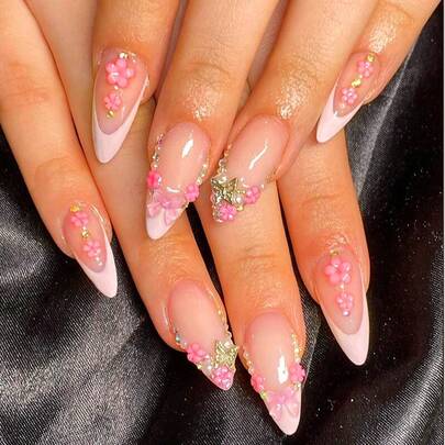 24片粉色法式美甲贴片，3D花朵蝴蝶结星星水钻假指甲，长杏仁形亚克力假指甲，可重复使用，全覆盖式，适合女性和女孩，春夏甜美可爱美甲装饰，适合婚礼、派对、节日和日常佩戴