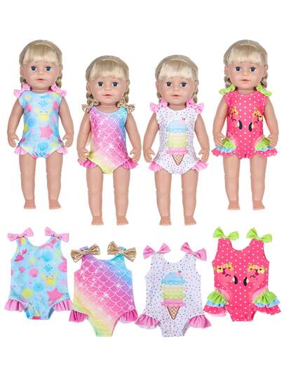 1件16-18英寸儿童娃娃夏季泳装，海洋/美人鱼/冰淇淋/火烈鸟印花，带蝴蝶结肩带，精致荷叶边下摆，多种款式可选（不含娃娃）