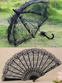 2件套蕾丝伞和蕾丝塑料扇婚礼配饰套装，欧式新娘伞，户外婚礼装饰伞扇套装，最佳礼物，婚礼摄影道具，适合婚礼和舞蹈表演；白色新娘扇，白色折叠扇，大型手持扇，适合单身派对和婚礼装饰 - 彩色 - 查看 13