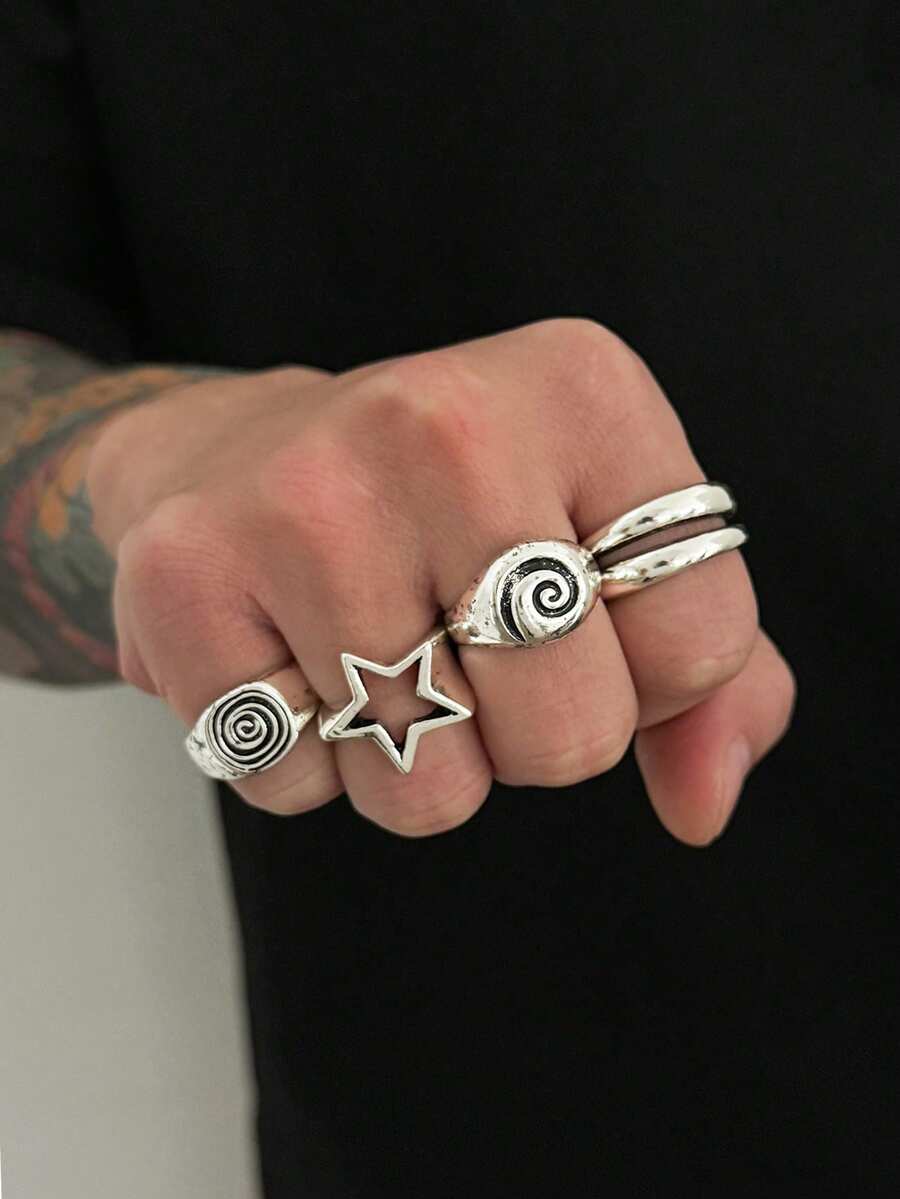 4pcs Punk Style Spiral Star Rings Set, Casual Daily Wear Jewelry With Unique Charm For Men