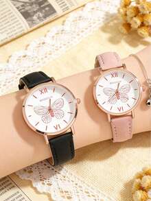 Bộ 4 chiếc đồng hồ thạch anh mặt in hình bướm trang nhã, dây da, phong cách tối giản, thích hợp đeo hàng ngày cho thanh thiếu niên, quà tặng. - Nhiều màu - Xem 2