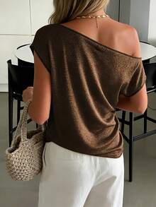 Women's Casual Pleated Asymmetrical Shoulder Versatile Daily Wear Blouse Summer - Brown - View 4