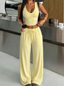 Bộ áo và quần không tay màu vàng ôm sát cơ thể dành cho nữ, thích hợp cho mùa hè. - Màu vàng - Xem 5
