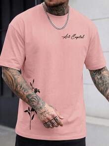 高街品牌侧藤花卉印花T恤，男士休闲百搭宽松圆领上衣 - 粉色 - 查看 7