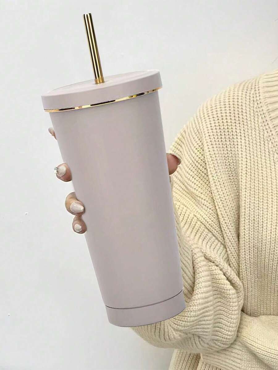 1个浅灰色不锈钢真空保温杯，带吸管，大容量咖啡杯，适合车载或作为礼品水瓶 - 淺灰色 - 查看 1
