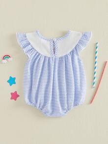 Newborn Infant Patriotic Romper, Blue Striped American Flag Embroidered Bubble Romper With Ruffle Sleeves, 4th Of July Summer Outfit - 藍色 - 查看 3