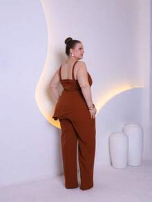 Women's Plus Size Tailored Set Consisting Of A Blouse And Wide-Leg Trousers C3090-2 - 鏽棕色 - 查看 2