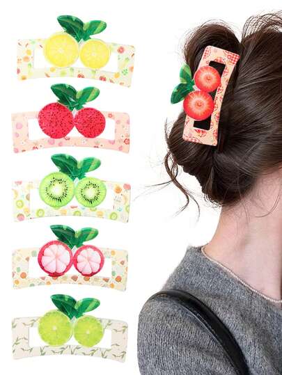 3pcs New Cute Fruit Print Square Hair Clips, Elegant Bun Claw Clips, Hollow Hair Claw For Ponytail, Versatile Hair Accessories For Outdoor, Party, Beach, Camping, Ideal Gift For Valentine's Day, Thanksgiving, Mother's Day