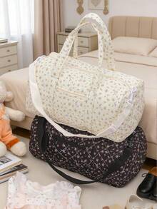 Lightweight Ditsy Floral Shoulder Bag, Casual Multipurpose Travel Boston Bag, Foldable Zipper Closure Travel Tote, Large Capacity Handbag Suitable For Daily Use, Students, Multi-Pocket Cloth Bag, Soft Padded Travel Bag, Sports Gym Bag, Fashionable Bow Print Overnight Bag, Weekend Travel Bag, Bubble Pattern Travel Bag - Multicolor - View 5