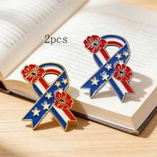 2pcs American Independence Day Floral Ribbon Brooch, Fashion Oil Drop Star Spangled Banner Versatile Commemorative Accessory - Multicolor - View 2