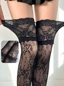 Vớ dài đến đùi cho nữ màu trắng ren jacquard, co giãn, thoáng khí, thân thiện với da, không bó chân, kiểu dáng Lolita ngọt ngào, phù hợp để mặc hàng ngày. - màu đen - Xem 3