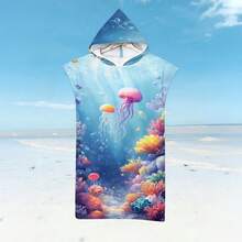 1pc Soft Hooded Beach Towel With Jellyfish Print, Wearable Beach Robe, Oversized Cute Anime Pool Towel, Super Absorbent Microfiber Beach Blanket, Birthday Gift - Style1 - View 3