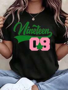 Women T Shirt Nineteen 08 Green And Pink Clover Print Round Neck Casual Loose Fit Tee For College Sorority Gift Aka Sorority 220g2026 - 黑色 - 查看 1